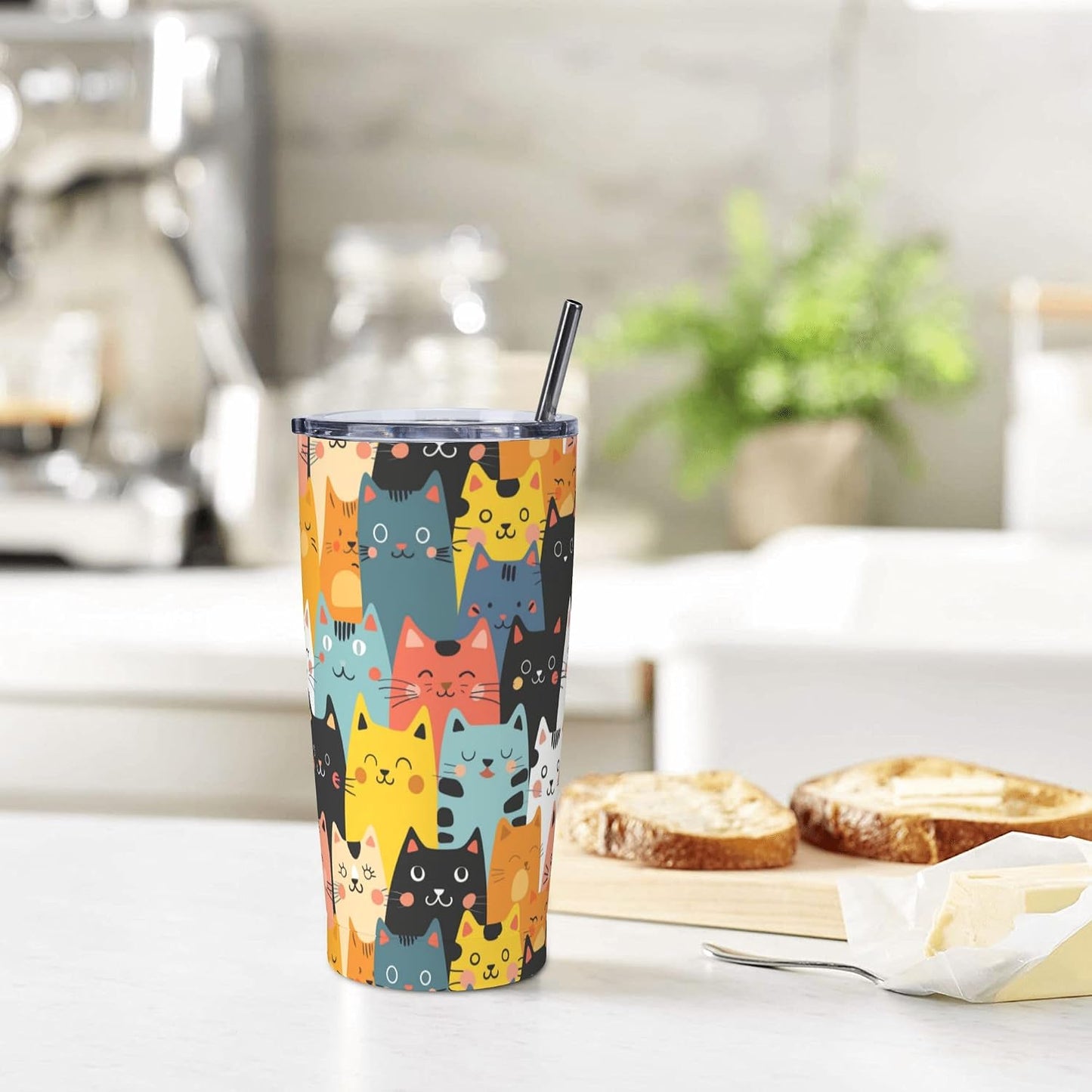 Cat Tumbler with Straw Lid Insulated Travel Coffee Mug 20 OZ Stainless Steel Cup for Outdoor Car Office Kitchen