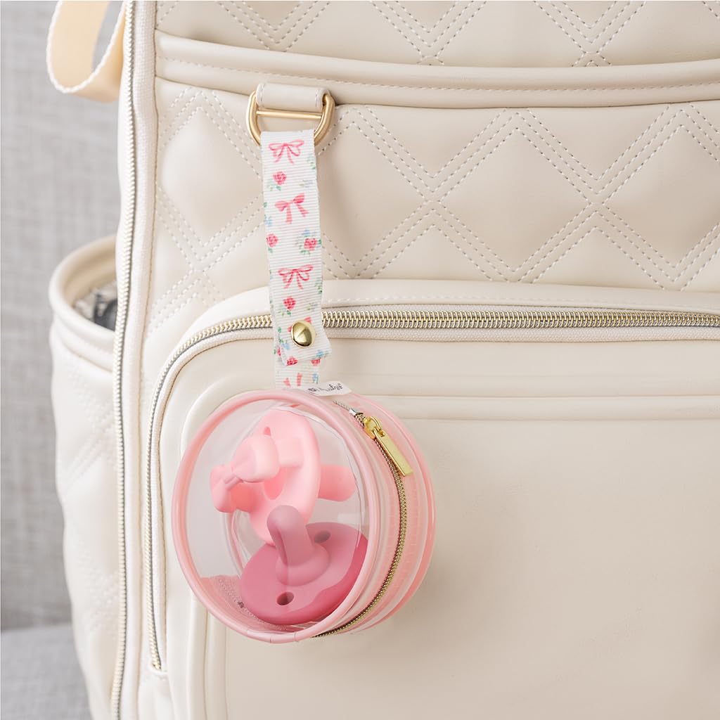 Clear Pacifier Case with Clip Strap, Holds 2 Pacifiers (Bows)