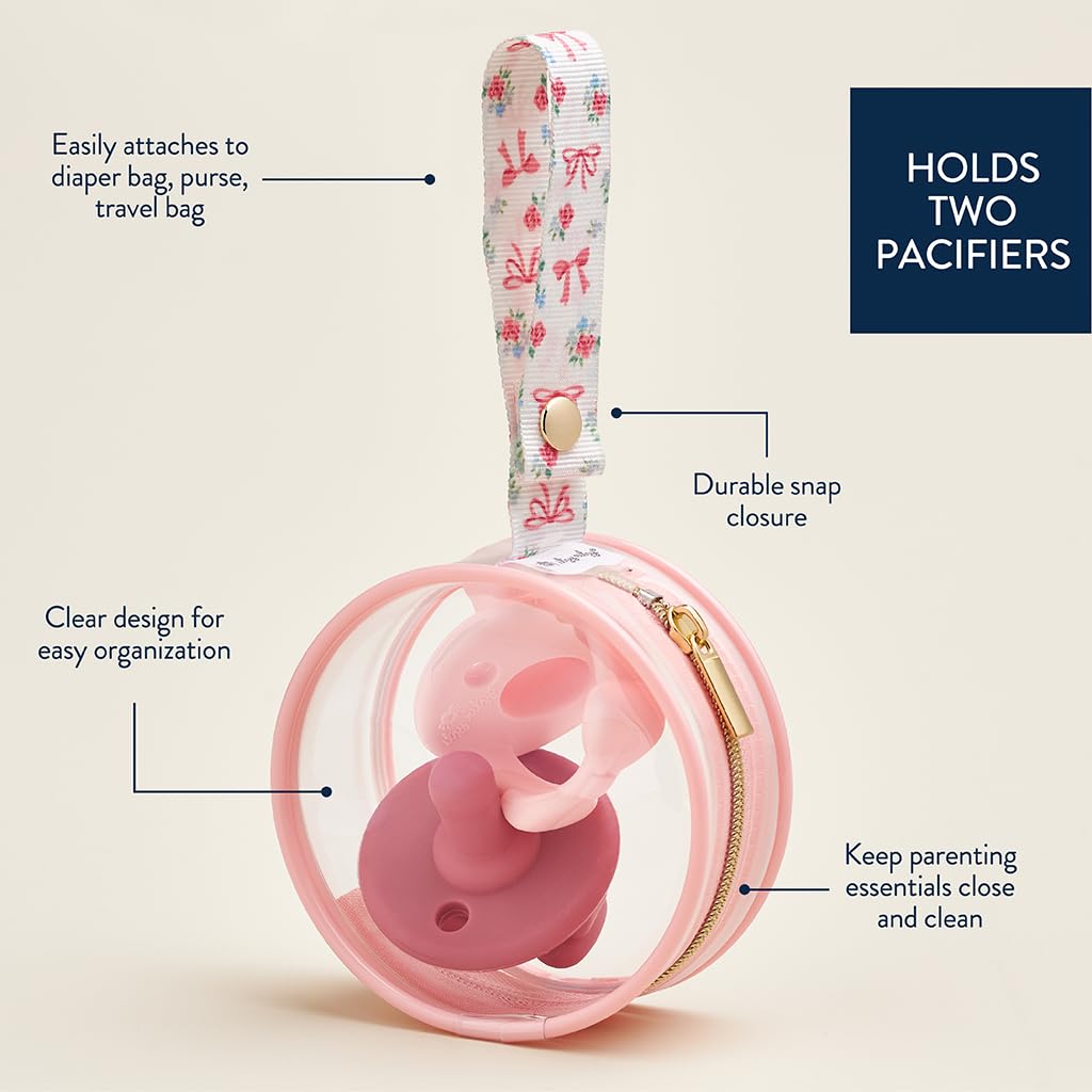 Clear Pacifier Case with Clip Strap, Holds 2 Pacifiers (Bows)