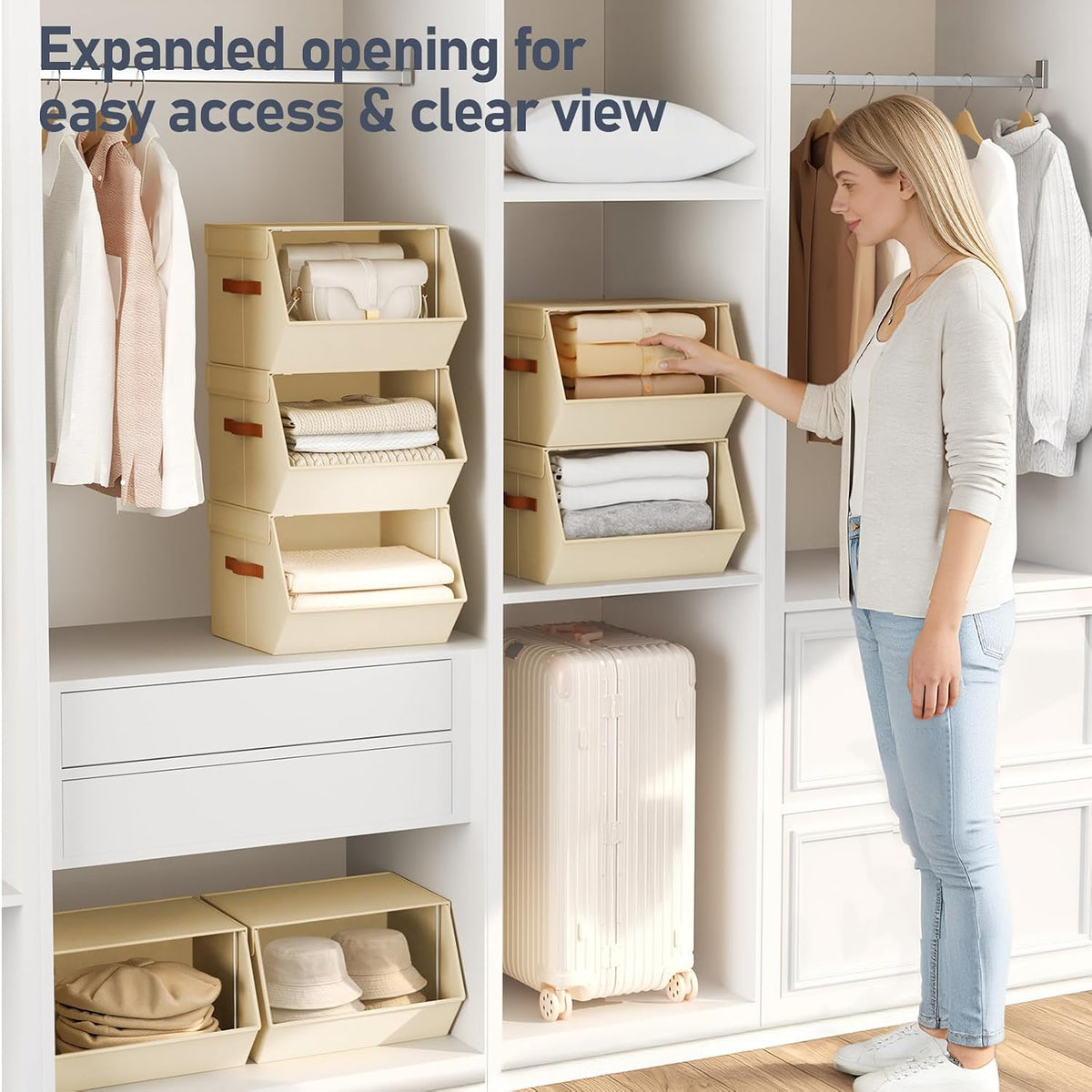 Stackable Closet Organizers and Storage Bins, Open Front Closet Shelf Organizer System With Steel Frame, Clothes Storage Basket Fabric, Collapsible Closet Drawers for Wardrobe, Nursery,Toy