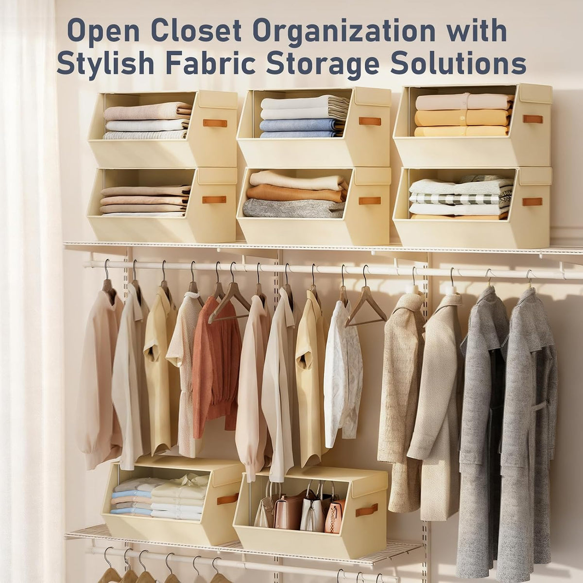 Stackable Closet Organizers and Storage Bins, Open Front Closet Shelf Organizer System With Steel Frame, Clothes Storage Basket Fabric, Collapsible Closet Drawers for Wardrobe, Nursery,Toy