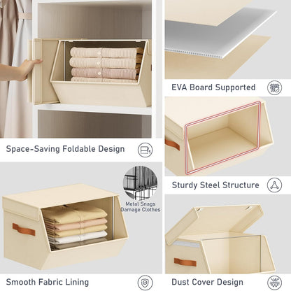 Stackable Closet Organizers and Storage Bins, Open Front Closet Shelf Organizer System With Steel Frame, Clothes Storage Basket Fabric, Collapsible Closet Drawers for Wardrobe, Nursery,Toy