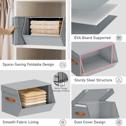 Stackable Closet Organizers and Storage Bins, Open Front Closet Shelf Organizer System With Steel Frame, Clothes Storage Basket Fabric, Collapsible Closet Drawers for Wardrobe, Nursery,Toy