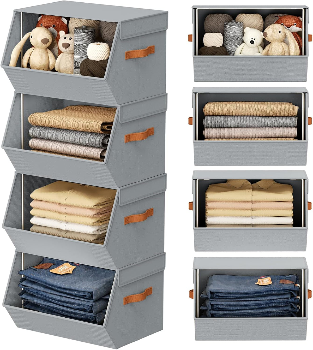 Stackable Closet Organizers and Storage Bins, Open Front Closet Shelf Organizer System With Steel Frame, Clothes Storage Basket Fabric, Collapsible Closet Drawers for Wardrobe, Nursery,Toy