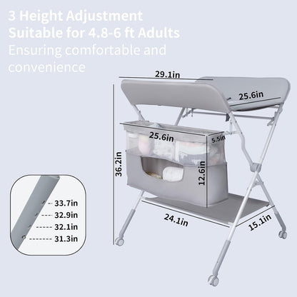 Baby Folding Portable Changing Table, 4-Level Adjustable Height Diaper Changing Station Table for Nursery with Safety Belt, Double Storage Bag, Headrests & Diaper Pad