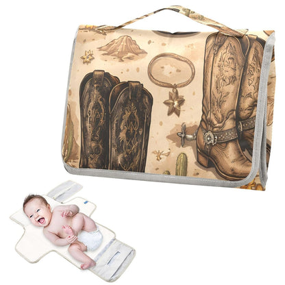 Cowboy Boots Western Desert Portable Diaper Changing Pad, Waterproof Baby Changing Mat with Storage Pocket & Built-in Pillow, Foldable Travel Pad, Newborn Gift Set for Boy Girl