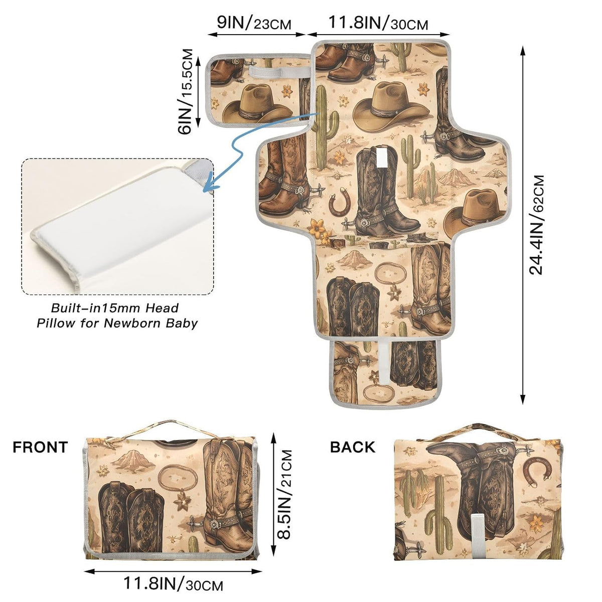 Cowboy Boots Western Desert Portable Diaper Changing Pad, Waterproof Baby Changing Mat with Storage Pocket & Built-in Pillow, Foldable Travel Pad, Newborn Gift Set for Boy Girl