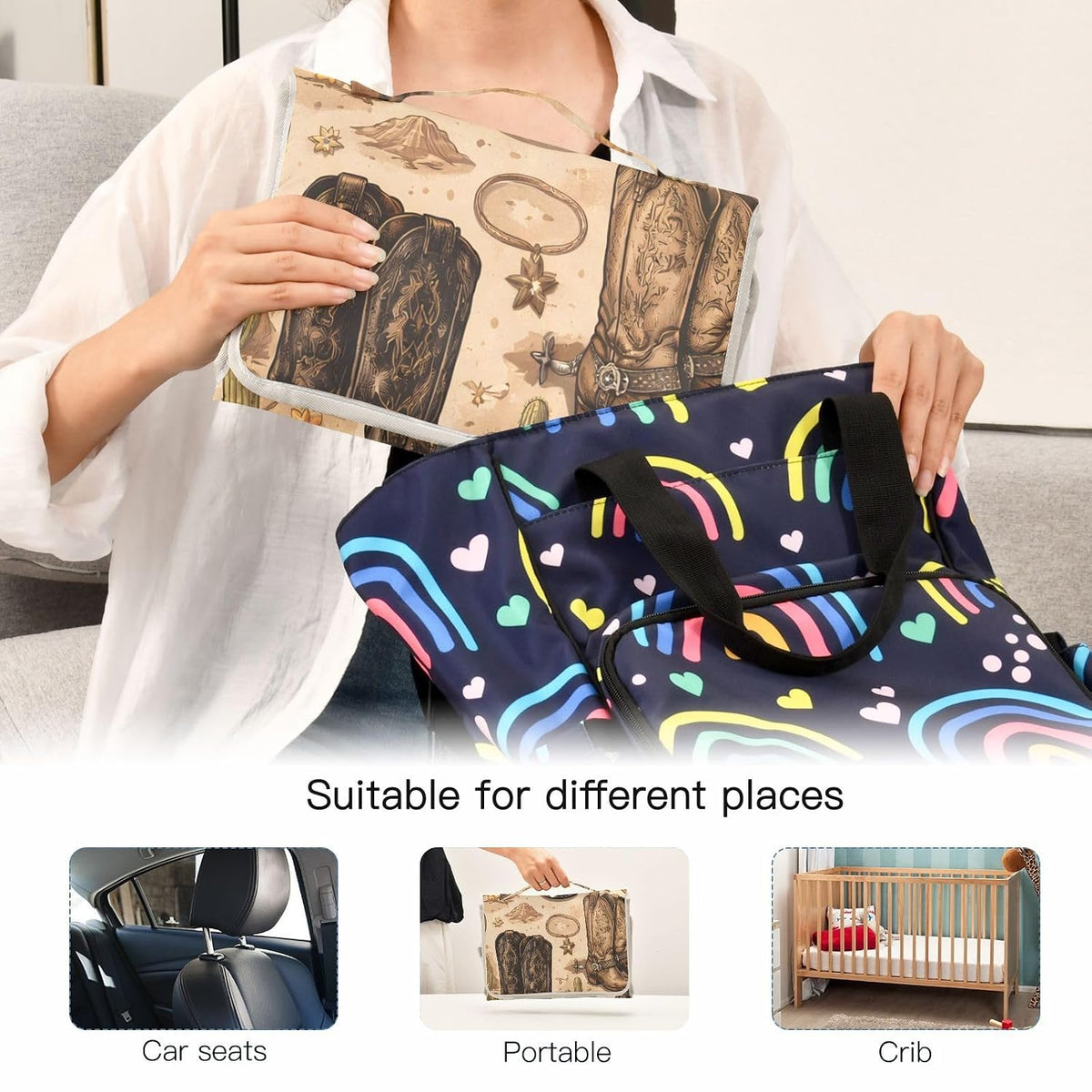 Cowboy Boots Western Desert Portable Diaper Changing Pad, Waterproof Baby Changing Mat with Storage Pocket & Built-in Pillow, Foldable Travel Pad, Newborn Gift Set for Boy Girl