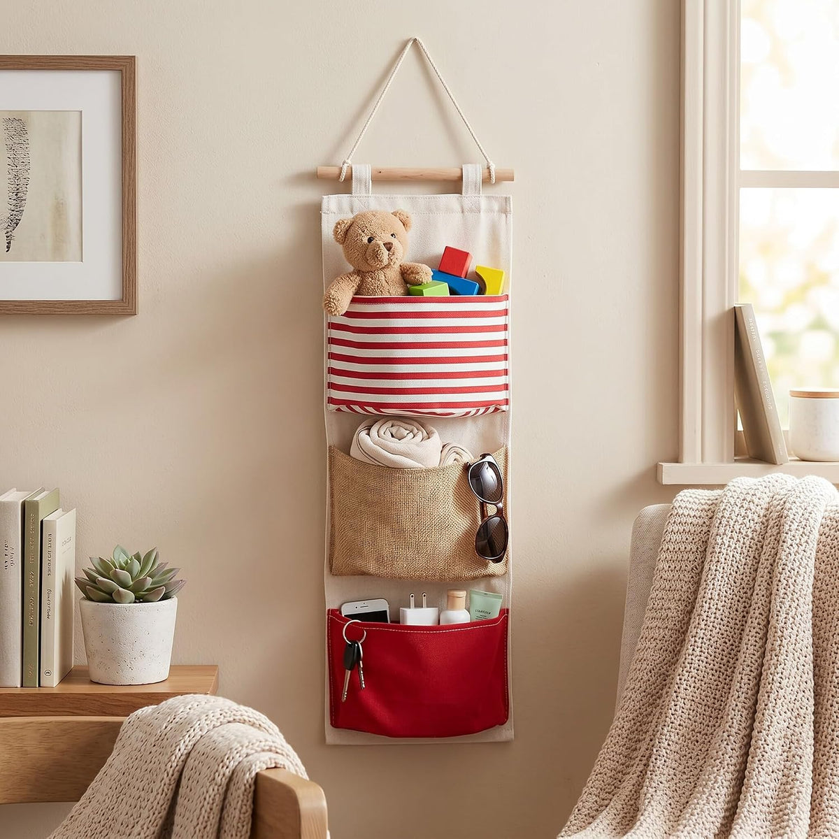 3Layer Linen Hanging Storage Bag, Wall Door Closet Organizer
