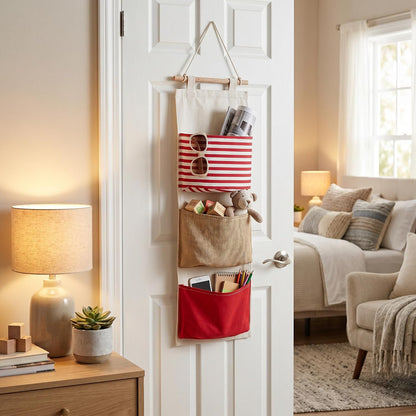 3Layer Linen Hanging Storage Bag, Wall Door Closet Organizer