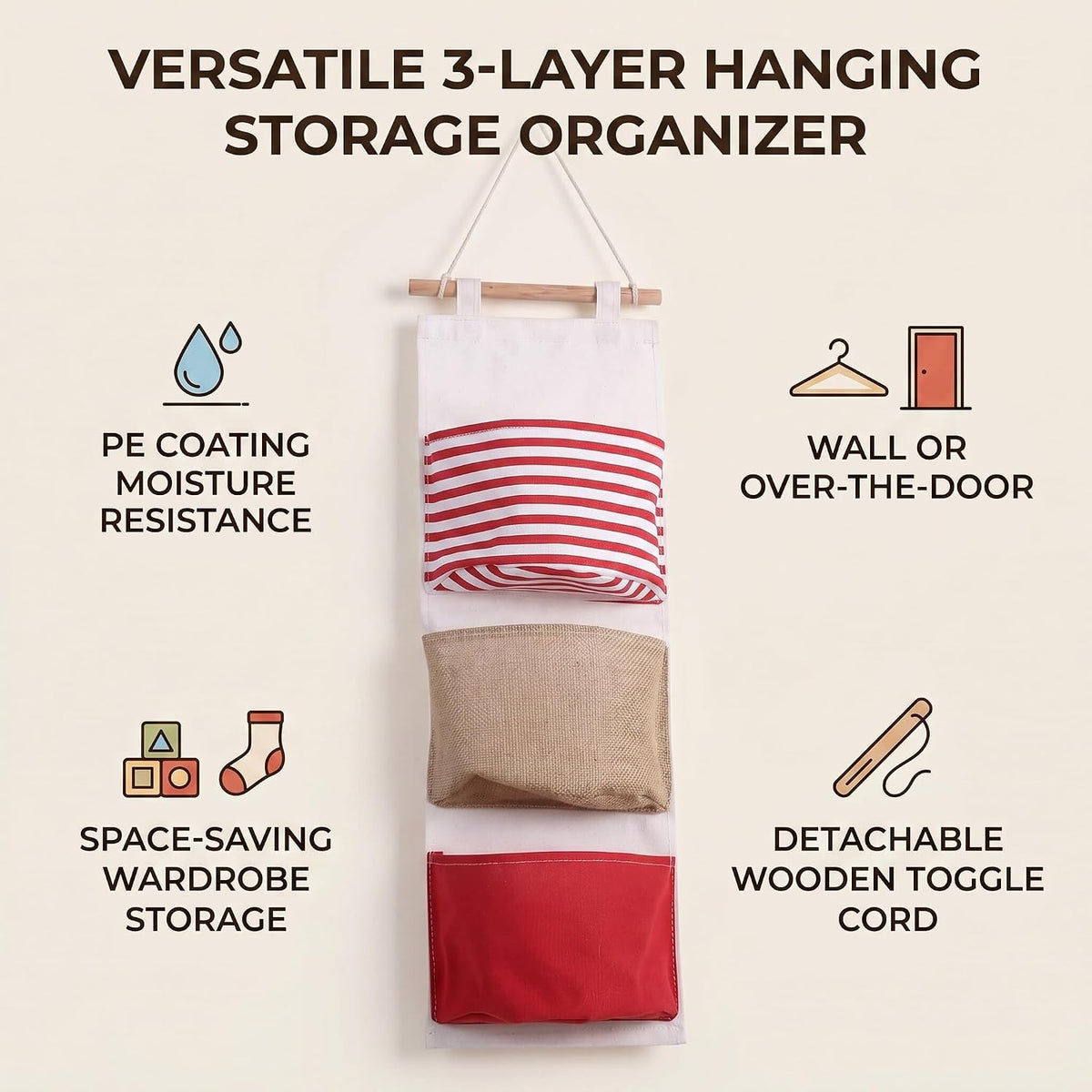 3Layer Linen Hanging Storage Bag, Wall Door Closet Organizer