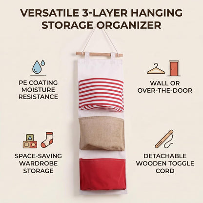 3Layer Linen Hanging Storage Bag, Wall Door Closet Organizer