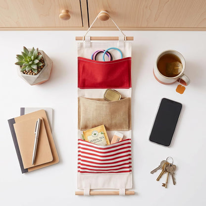 3Layer Linen Hanging Storage Bag, Wall Door Closet Organizer