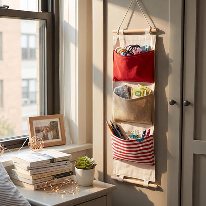 3Layer Linen Hanging Storage Bag, Wall Door Closet Organizer