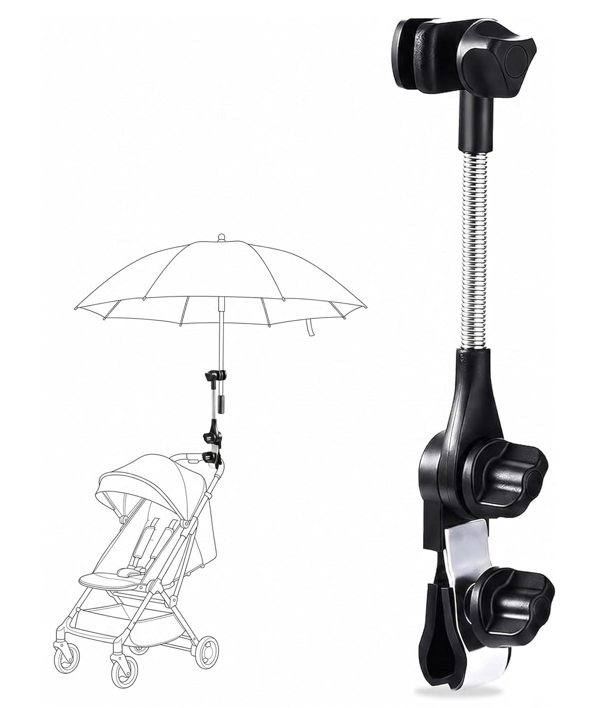 Umbrella Holder for Stroller Chair, Universal 360° Adjustable Umbrella Clamp Mount for Stroller, Beach Chair, Wheelchair & Golf Cart - Tool-Free Installation for Sun & Rain Protection