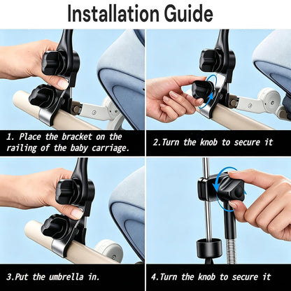 Umbrella Holder for Stroller Chair, Universal 360° Adjustable Umbrella Clamp Mount for Stroller, Beach Chair, Wheelchair & Golf Cart - Tool-Free Installation for Sun & Rain Protection