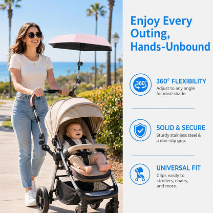 Umbrella Holder for Stroller Chair, Universal 360° Adjustable Umbrella Clamp Mount for Stroller, Beach Chair, Wheelchair & Golf Cart - Tool-Free Installation for Sun & Rain Protection