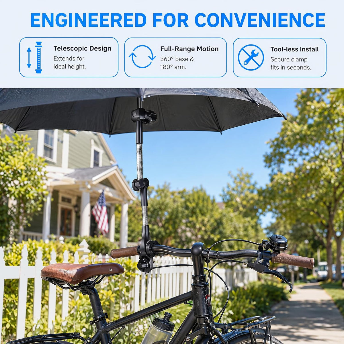 Umbrella Holder for Stroller Chair, Universal 360° Adjustable Umbrella Clamp Mount for Stroller, Beach Chair, Wheelchair & Golf Cart - Tool-Free Installation for Sun & Rain Protection