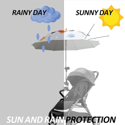 Umbrella Holder for Stroller Chair, Universal 360° Adjustable Umbrella Clamp Mount for Stroller, Beach Chair, Wheelchair & Golf Cart - Tool-Free Installation for Sun & Rain Protection