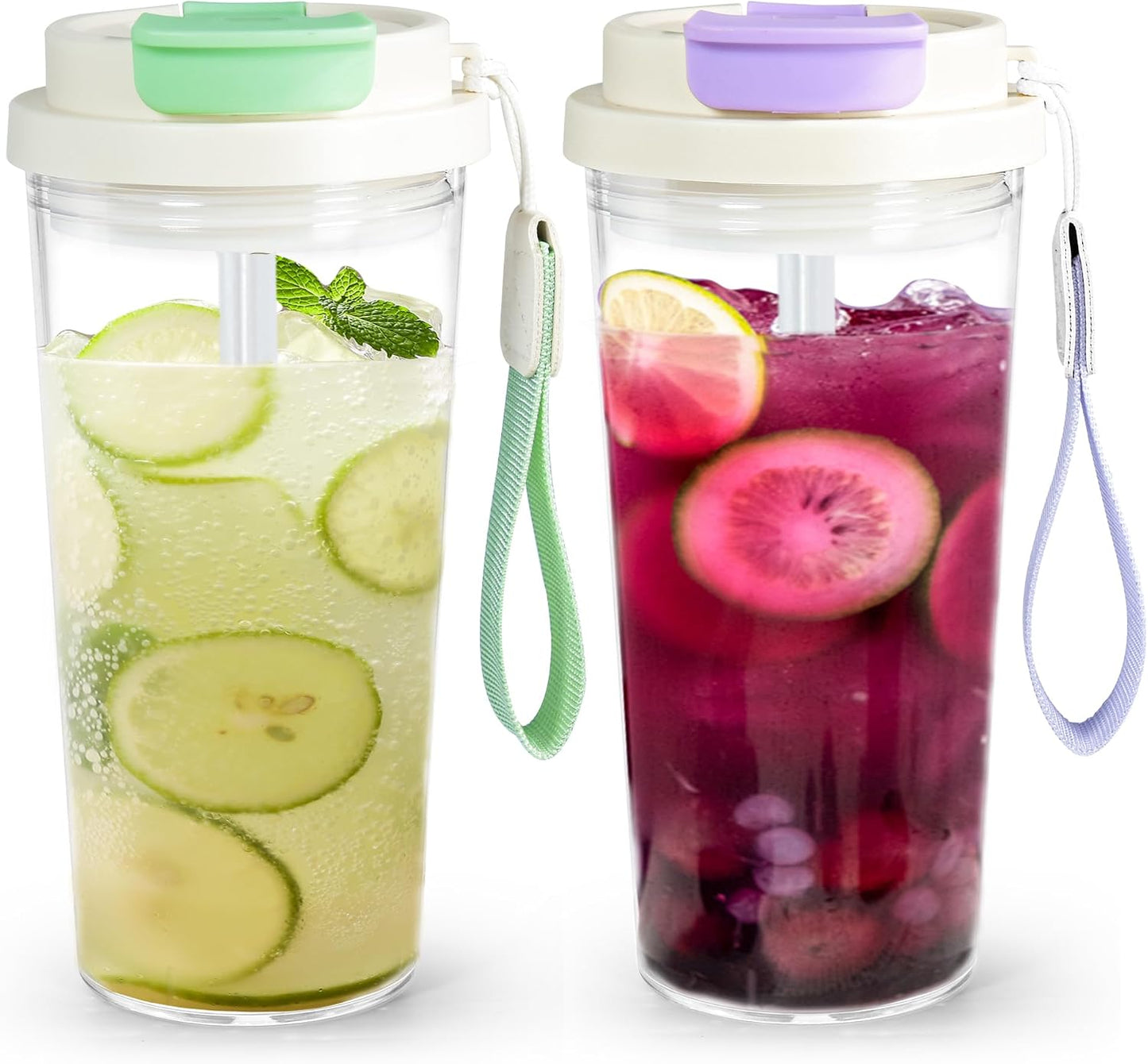 20oz Clear Tumbler with Lid and Straw, 2Pcs Iced Coffee Cups | Acrylic Tumbler for Coffee, Soda, Tea, Milk, Juice, Gift, Green&Purple