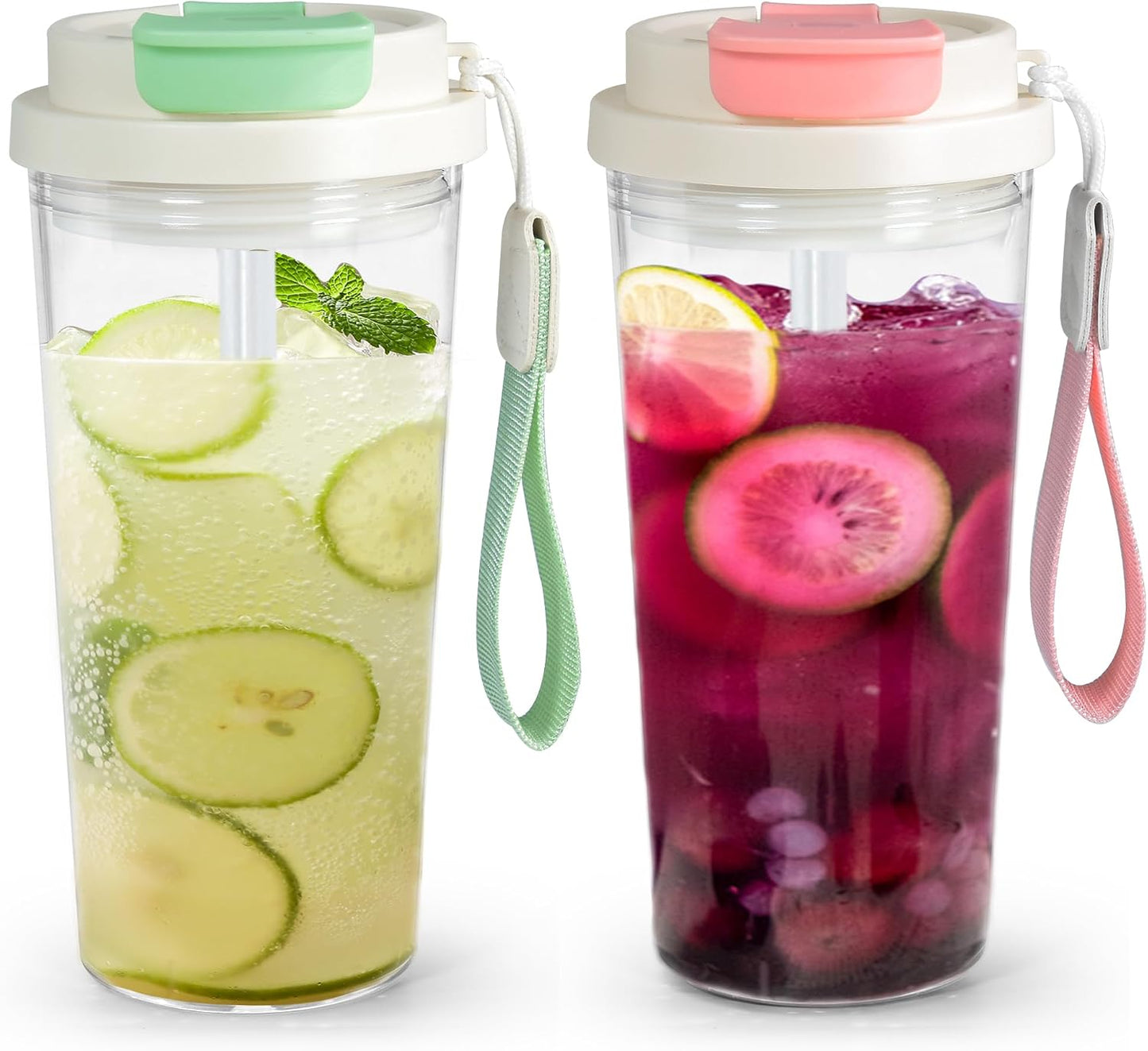 20oz Clear Tumbler with Lid and Straw, 2Pcs Iced Coffee Cups | Acrylic Tumbler for Coffee, Soda, Tea, Milk, Juice, Gift, Green&Purple