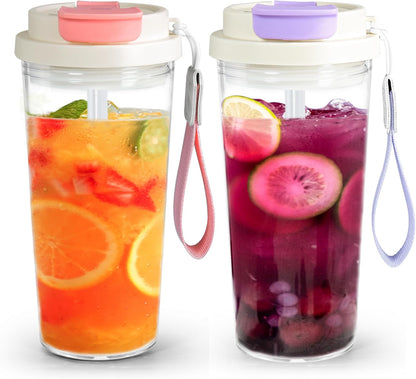 20oz Clear Tumbler with Lid and Straw, 2Pcs Iced Coffee Cups | Acrylic Tumbler for Coffee, Soda, Tea, Milk, Juice, Gift, Green&Purple