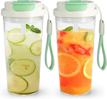 20oz Clear Tumbler with Lid and Straw, 2Pcs Iced Coffee Cups | Acrylic Tumbler for Coffee, Soda, Tea, Milk, Juice, Gift, Green&Purple