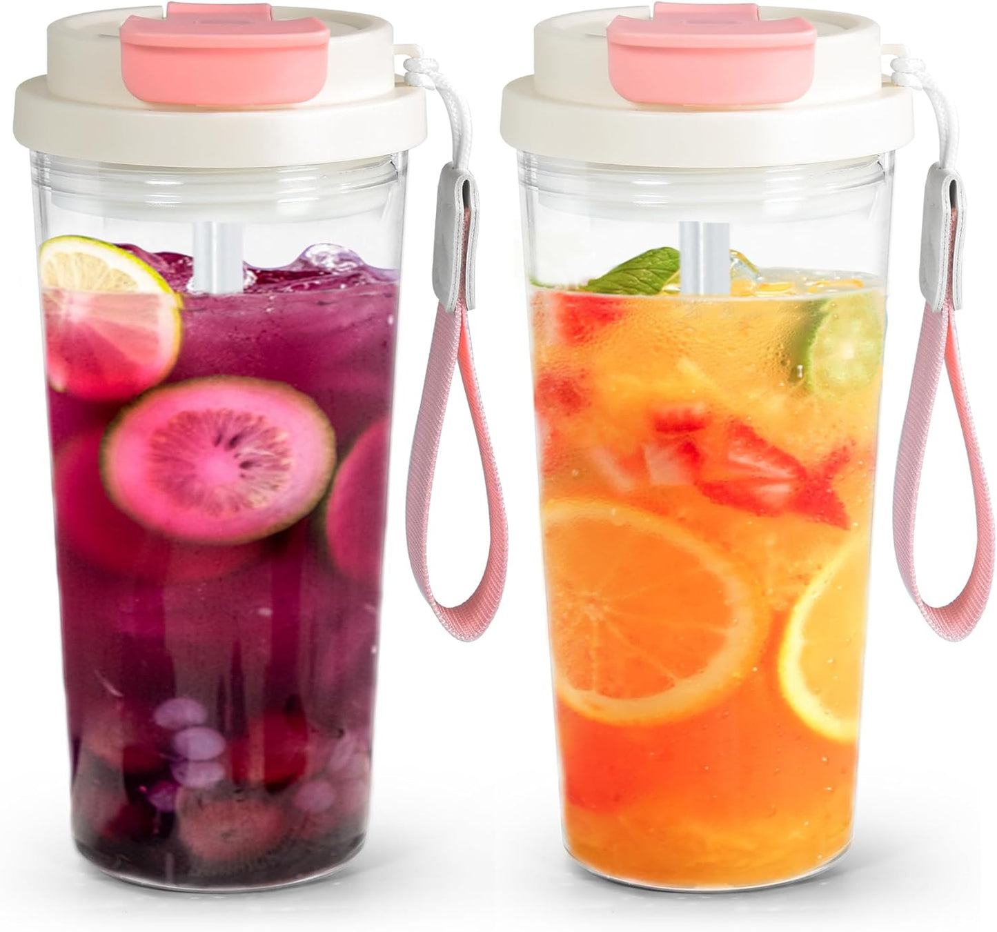 20oz Clear Tumbler with Lid and Straw, 2Pcs Iced Coffee Cups | Acrylic Tumbler for Coffee, Soda, Tea, Milk, Juice, Gift, Green&Purple