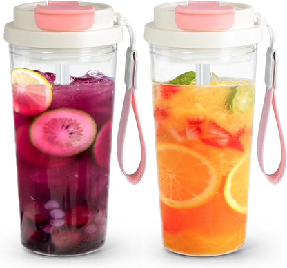 20oz Clear Tumbler with Lid and Straw, 2Pcs Iced Coffee Cups | Acrylic Tumbler for Coffee, Soda, Tea, Milk, Juice, Gift, Green&Purple
