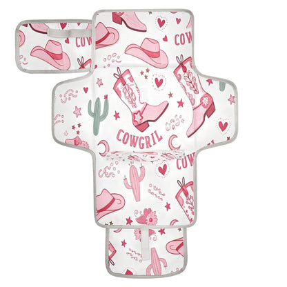 Pink Cowgirl Boots Portable Diaper Changing Pad, Waterproof Baby Changing Mat with Storage Pocket & Built-in Pillow, Foldable Travel Pad, Newborn Gift Set for Boy Girl