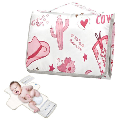 Pink Cowgirl Boots Portable Diaper Changing Pad, Waterproof Baby Changing Mat with Storage Pocket & Built-in Pillow, Foldable Travel Pad, Newborn Gift Set for Boy Girl