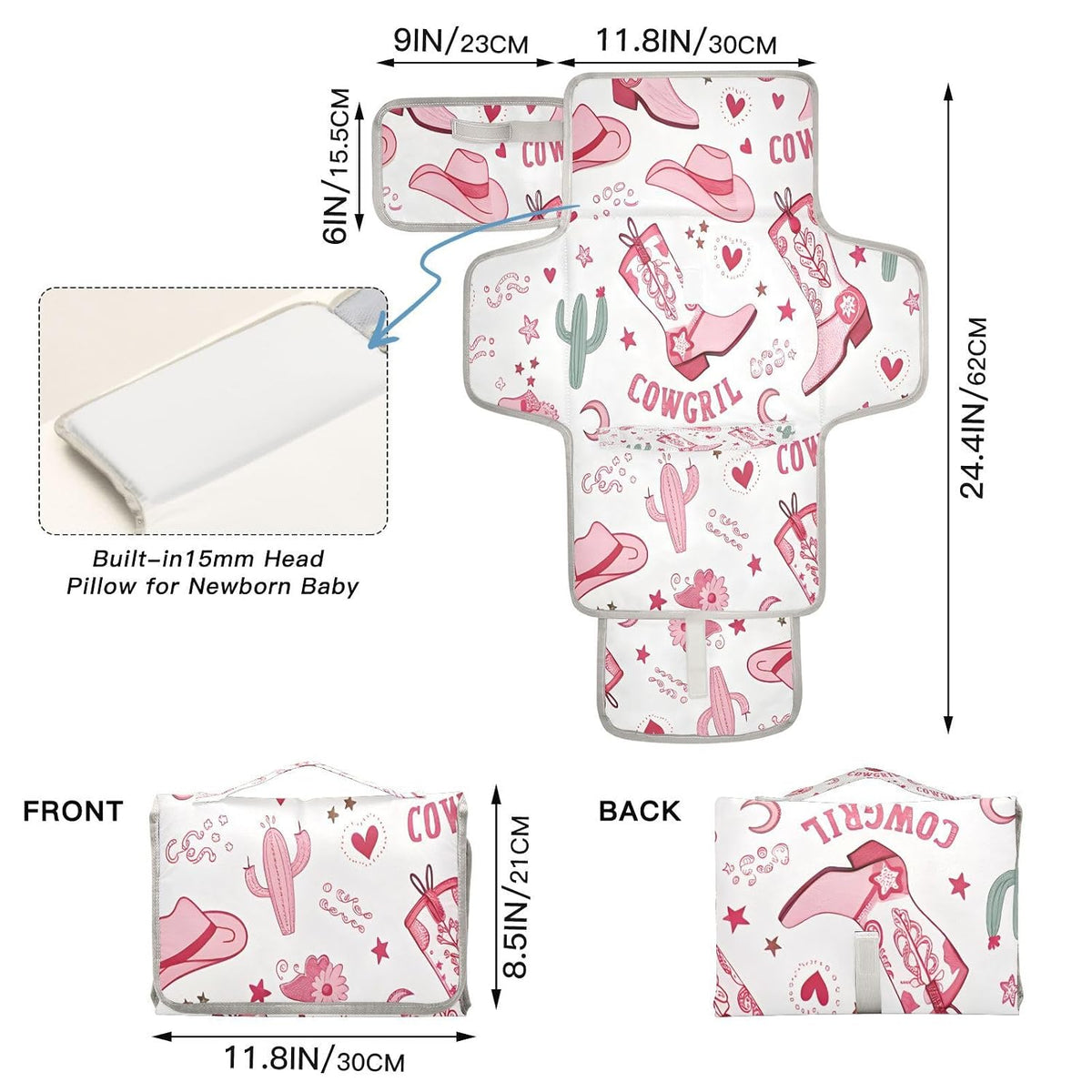 Pink Cowgirl Boots Portable Diaper Changing Pad, Waterproof Baby Changing Mat with Storage Pocket & Built-in Pillow, Foldable Travel Pad, Newborn Gift Set for Boy Girl