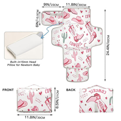 Pink Cowgirl Boots Portable Diaper Changing Pad, Waterproof Baby Changing Mat with Storage Pocket & Built-in Pillow, Foldable Travel Pad, Newborn Gift Set for Boy Girl