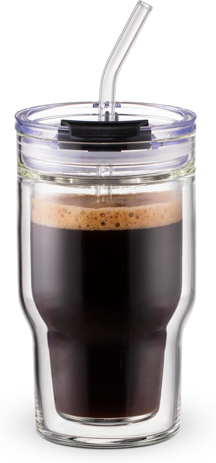 450ml/15oz Ribbed Glass Tumbler,Thickened Glass Cup with Leak-Proof Lid & Straw, BPA-Free, Suitable for Coffee, Matcha, Juice - Fits Car Cup Holder, Office & Travel Use (Clear)