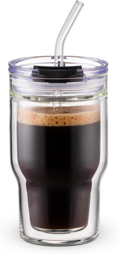 450ml/15oz Ribbed Glass Tumbler,Thickened Glass Cup with Leak-Proof Lid & Straw, BPA-Free, Suitable for Coffee, Matcha, Juice - Fits Car Cup Holder, Office & Travel Use (Clear)