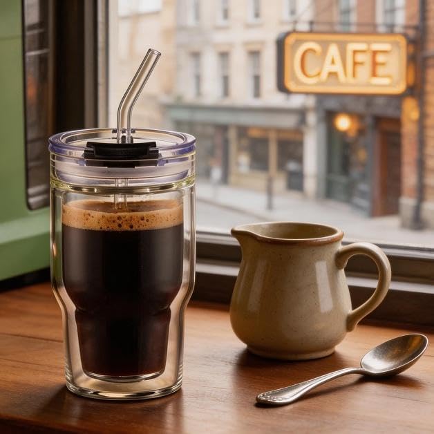 450ml/15oz Ribbed Glass Tumbler,Thickened Glass Cup with Leak-Proof Lid & Straw, BPA-Free, Suitable for Coffee, Matcha, Juice - Fits Car Cup Holder, Office & Travel Use (Clear)