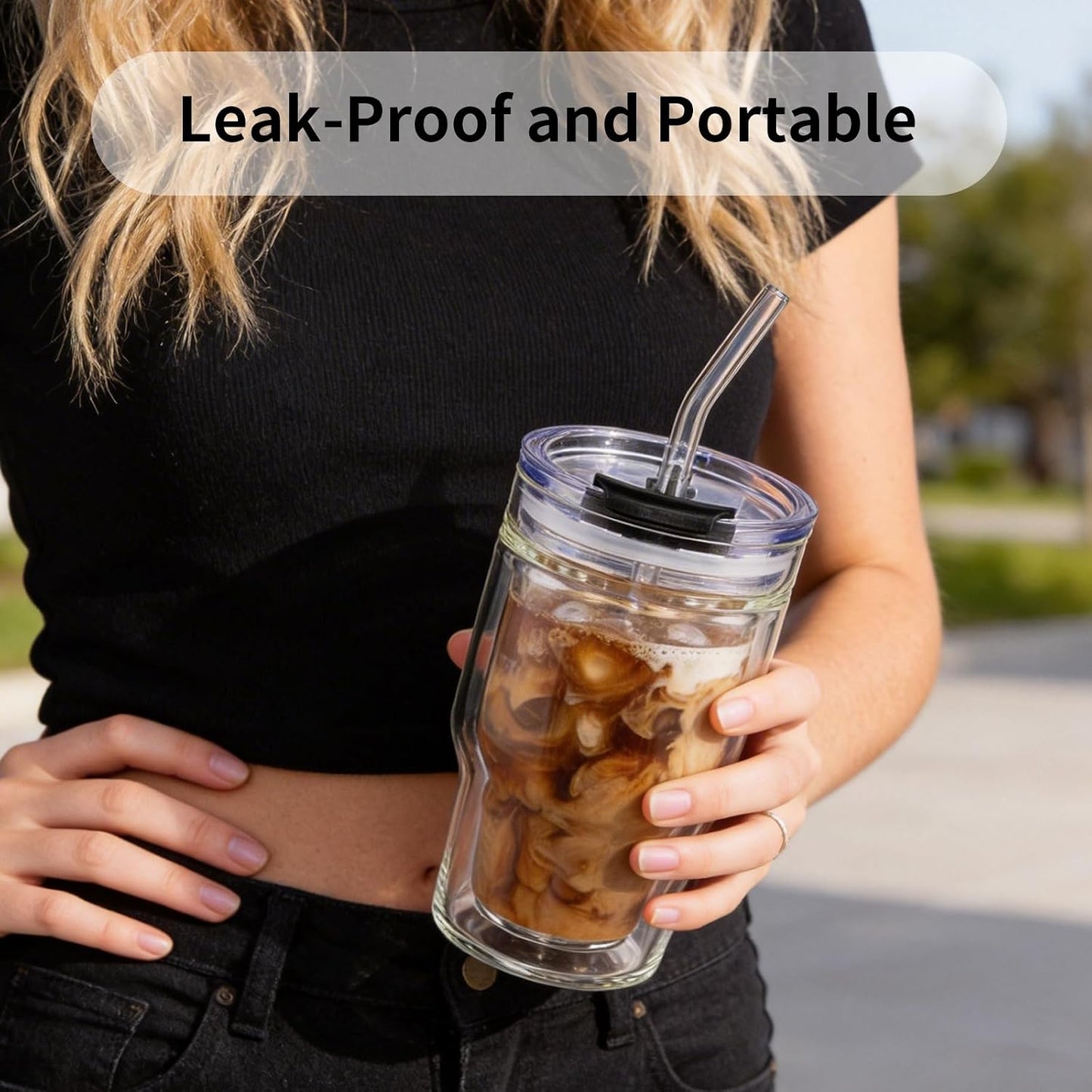450ml/15oz Ribbed Glass Tumbler,Thickened Glass Cup with Leak-Proof Lid & Straw, BPA-Free, Suitable for Coffee, Matcha, Juice - Fits Car Cup Holder, Office & Travel Use (Clear)