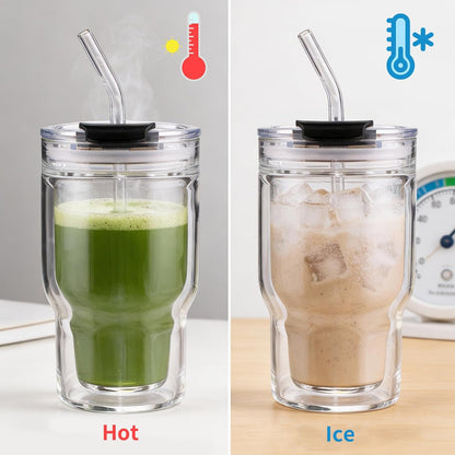 450ml/15oz Ribbed Glass Tumbler,Thickened Glass Cup with Leak-Proof Lid & Straw, BPA-Free, Suitable for Coffee, Matcha, Juice - Fits Car Cup Holder, Office & Travel Use (Clear)