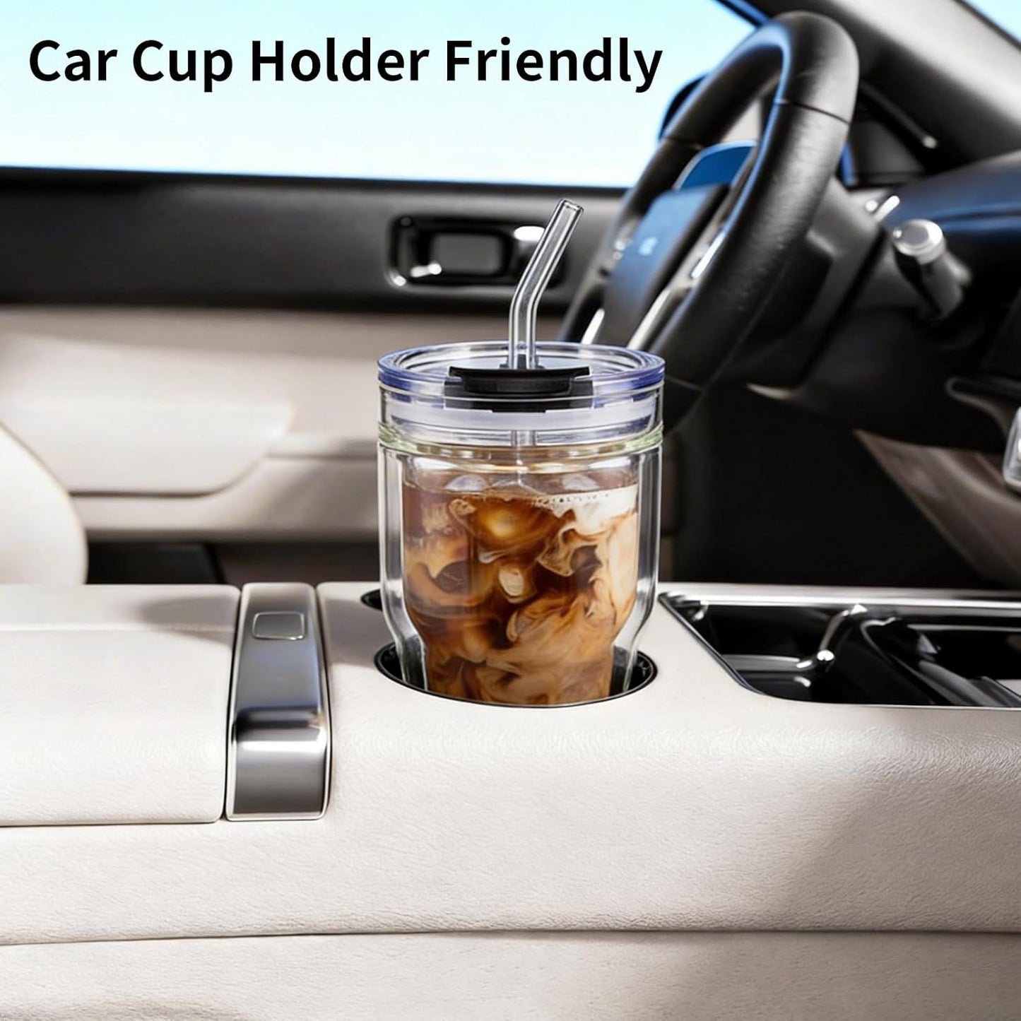 450ml/15oz Ribbed Glass Tumbler,Thickened Glass Cup with Leak-Proof Lid & Straw, BPA-Free, Suitable for Coffee, Matcha, Juice - Fits Car Cup Holder, Office & Travel Use (Clear)