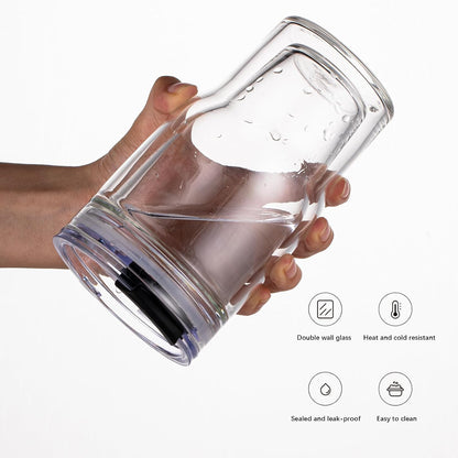 450ml/15oz Ribbed Glass Tumbler,Thickened Glass Cup with Leak-Proof Lid & Straw, BPA-Free, Suitable for Coffee, Matcha, Juice - Fits Car Cup Holder, Office & Travel Use (Clear)