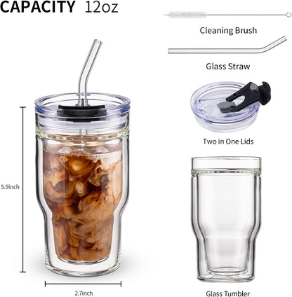 450ml/15oz Ribbed Glass Tumbler,Thickened Glass Cup with Leak-Proof Lid & Straw, BPA-Free, Suitable for Coffee, Matcha, Juice - Fits Car Cup Holder, Office & Travel Use (Clear)