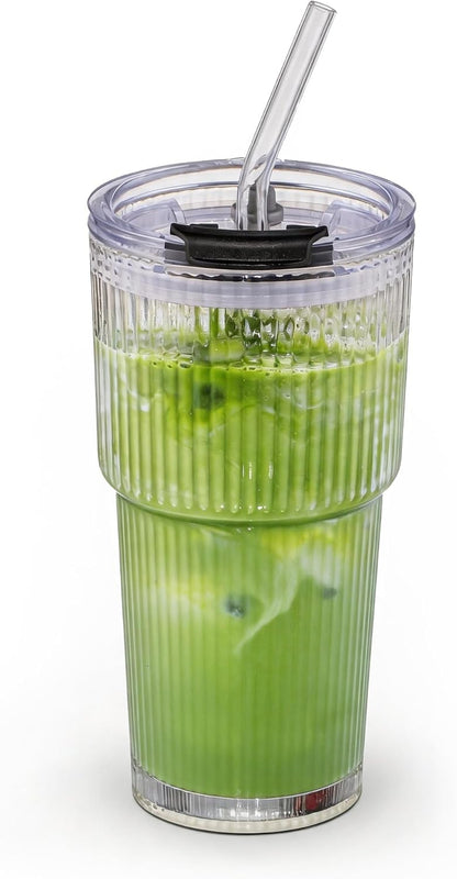 450ml/15oz Ribbed Glass Tumbler,Thickened Glass Cup with Leak-Proof Lid & Straw, BPA-Free, Suitable for Coffee, Matcha, Juice - Fits Car Cup Holder, Office & Travel Use (Clear)
