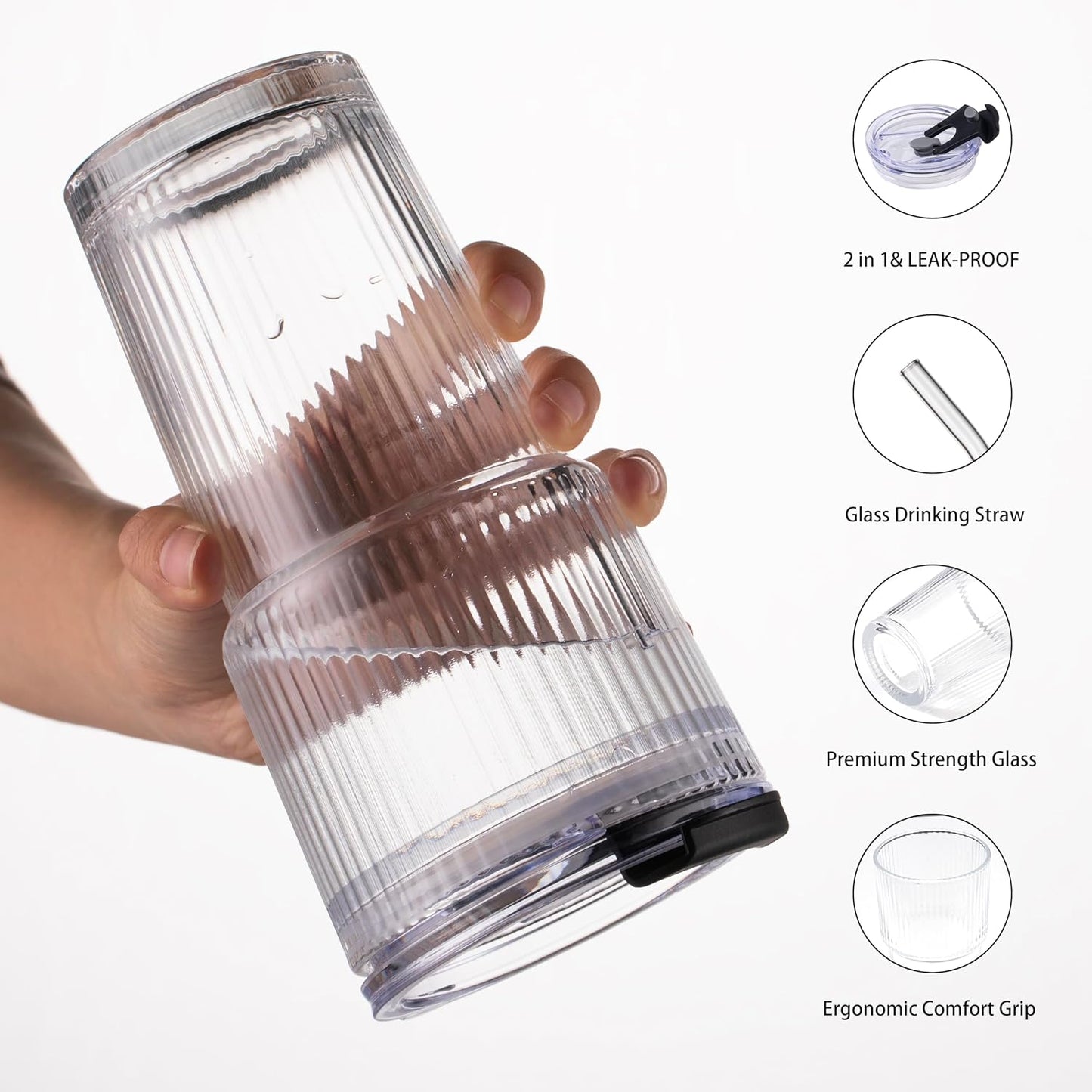 450ml/15oz Ribbed Glass Tumbler,Thickened Glass Cup with Leak-Proof Lid & Straw, BPA-Free, Suitable for Coffee, Matcha, Juice - Fits Car Cup Holder, Office & Travel Use (Clear)