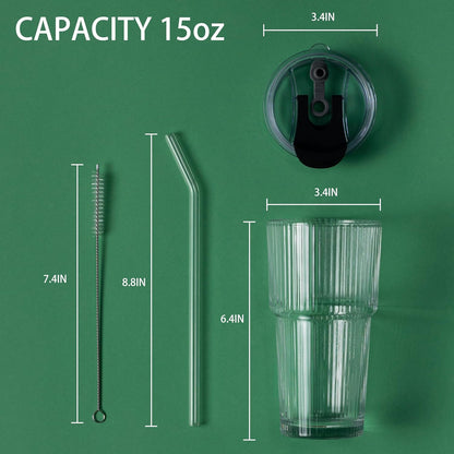 450ml/15oz Ribbed Glass Tumbler,Thickened Glass Cup with Leak-Proof Lid & Straw, BPA-Free, Suitable for Coffee, Matcha, Juice - Fits Car Cup Holder, Office & Travel Use (Clear)