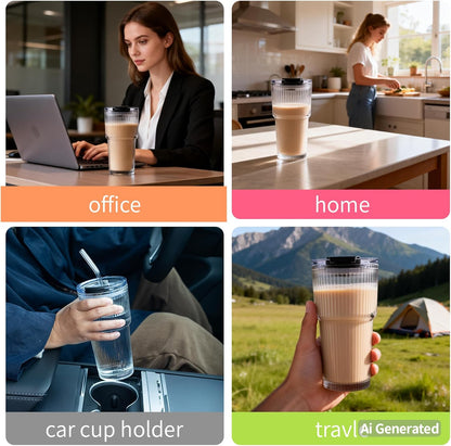 450ml/15oz Ribbed Glass Tumbler,Thickened Glass Cup with Leak-Proof Lid & Straw, BPA-Free, Suitable for Coffee, Matcha, Juice - Fits Car Cup Holder, Office & Travel Use (Clear)