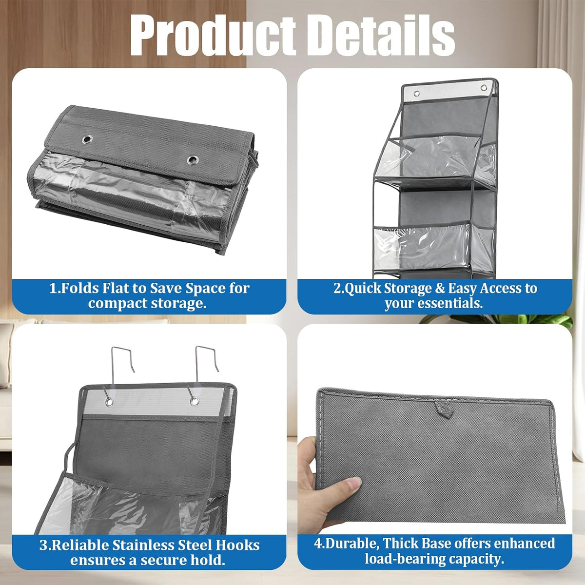 INCREWAY 1Pack Over The Door Organizer, Hanging Door Storage Organizer with 6 Large Clear Pockets, Space Saving Behind Door Rack for Bedroom Closet Bathroom Pantry Nursery Office (Grey)