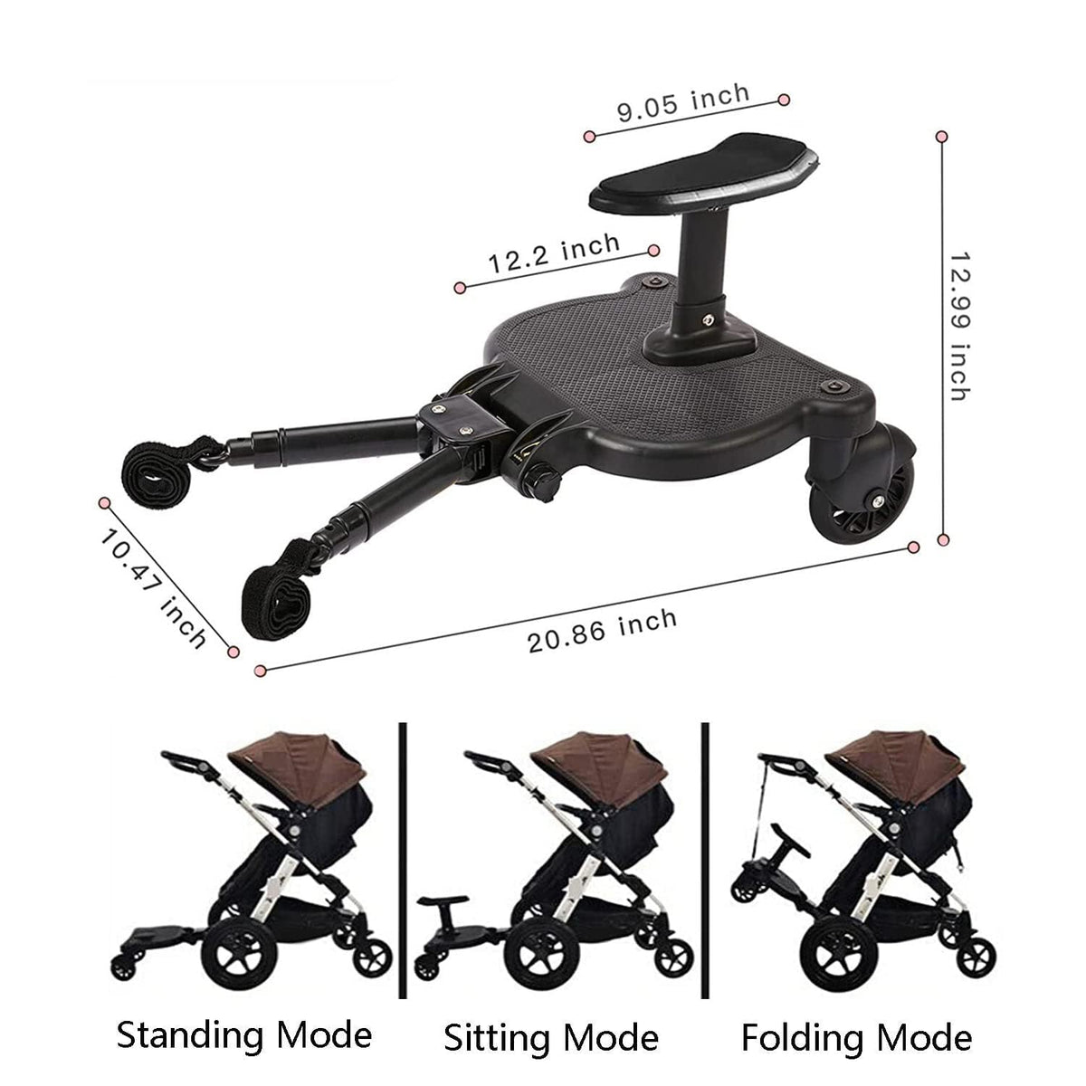 Universal Stroller Board Buggy Board with Detachable Seat, Stroller Glider Board Suitable for Most Brands of Strollers, Stroller Standing Board, Holds Children Up to 55lbs (Black)