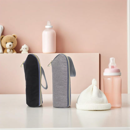 2pcs Insulated Bottle Cooler Bags Portable Nursing Bottle Warmer Carrier Tote for Travel and Daycare Water-resistant Sleeve with Stroller Hook Black and Gray Random Color