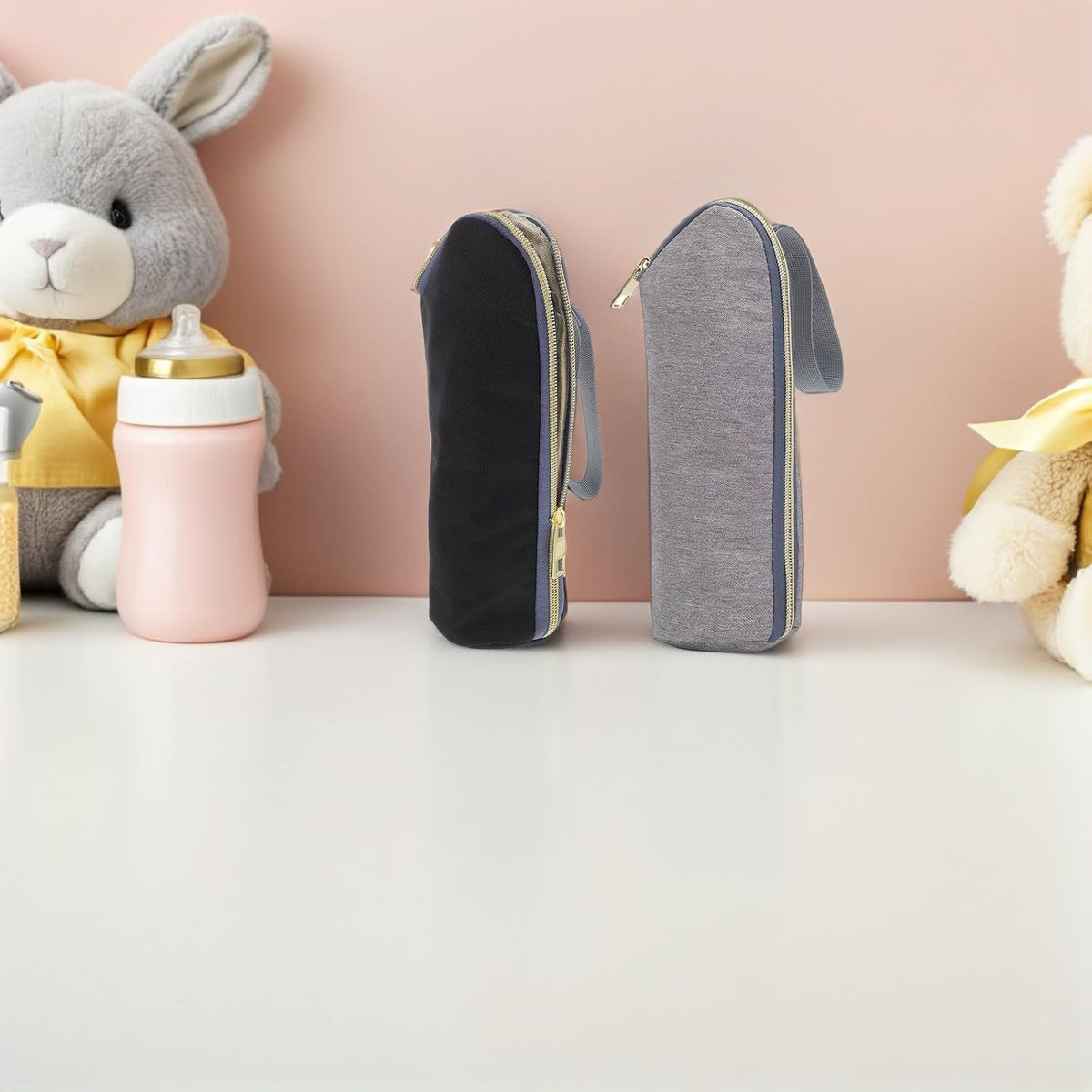 2pcs Insulated Bottle Cooler Bags Portable Nursing Bottle Warmer Carrier Tote for Travel and Daycare Water-resistant Sleeve with Stroller Hook Black and Gray Random Color