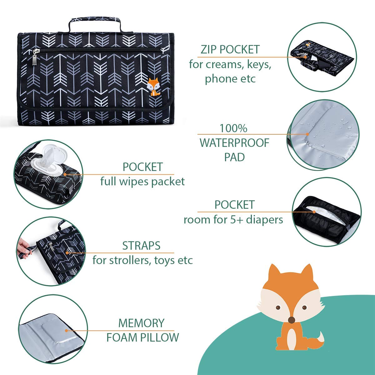 Portable Diaper Changing Pad - One-Hand Design - Grey Arrows